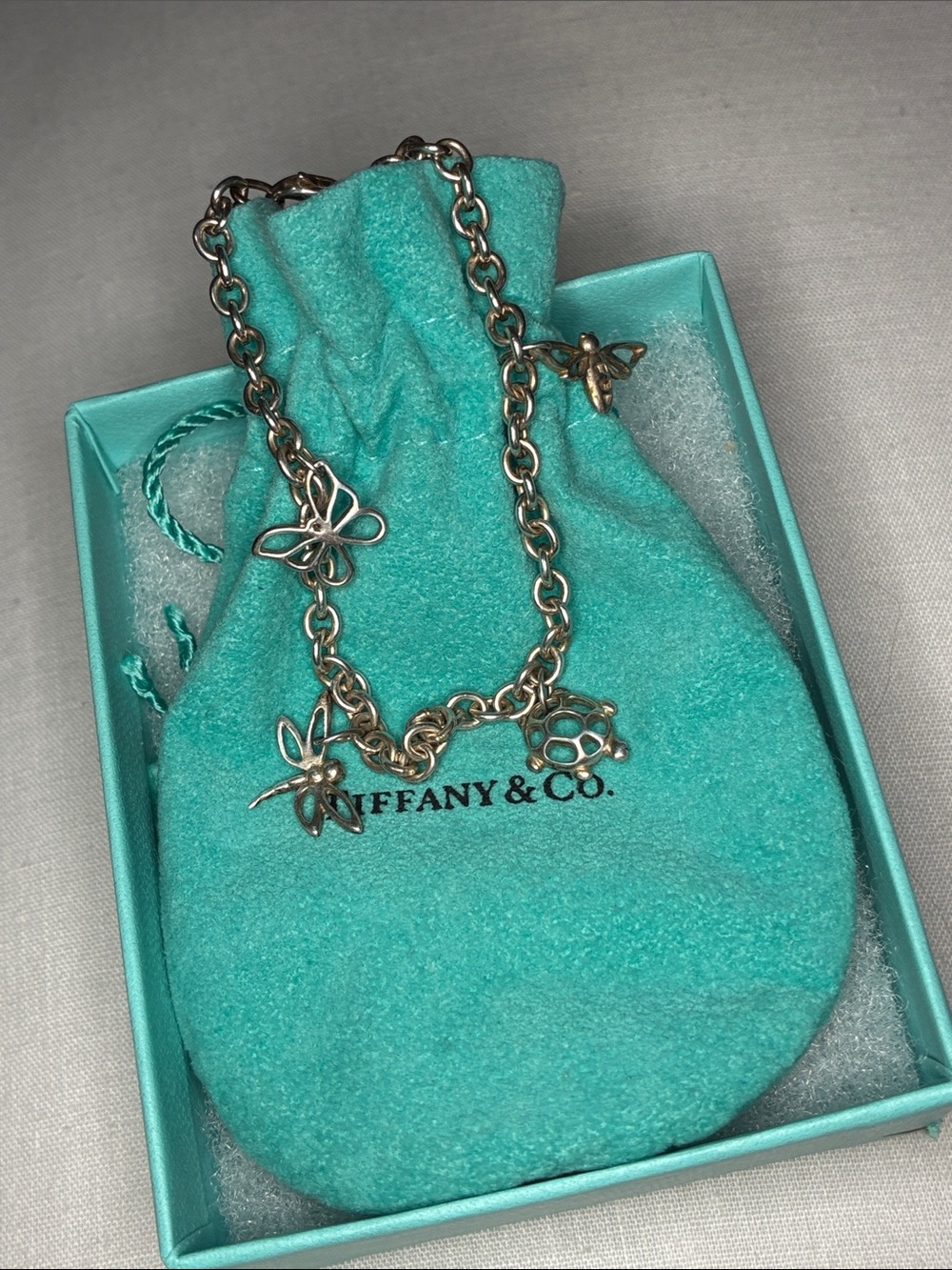 Tiffany & Co. Turquoise Silver Butterfly, Dragonfly, Turtle, Bee Charm Bracelet
